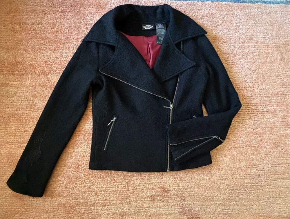 Harley-Davidson Women’s S 100% Wool Black Moto Jacket Embroidered Vintage 2005